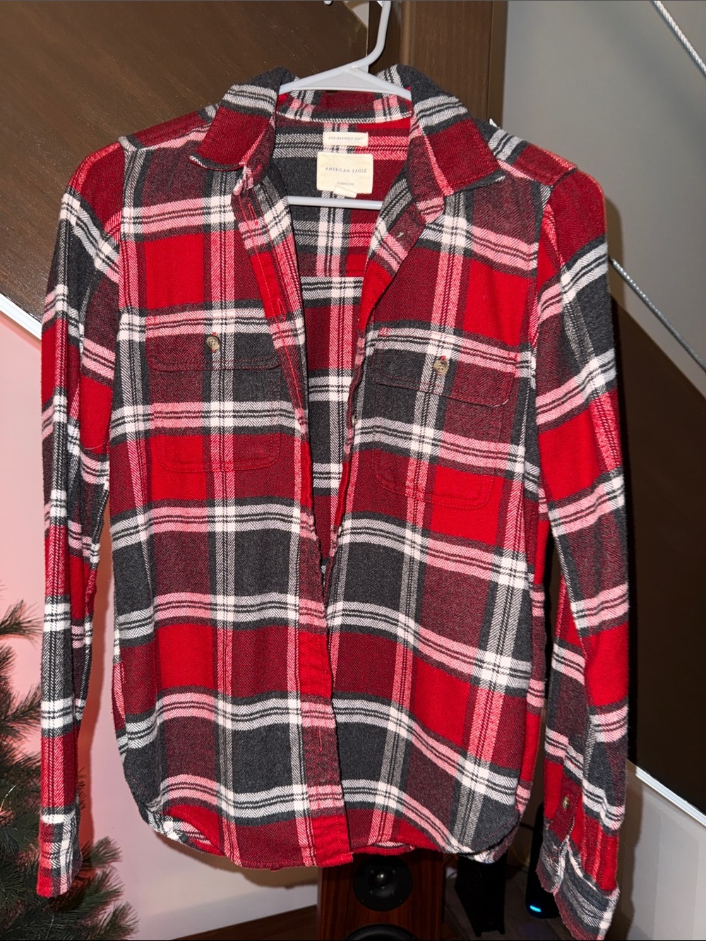 American Eagle Outfitters Red Black Plaid Button-Up Shirt